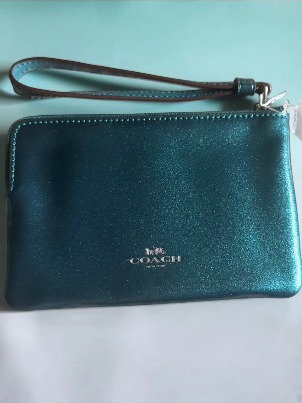 Coach Metallic Dark Teal Leather Glitter Sparrow Bird Zip Wristlet RARE NWT